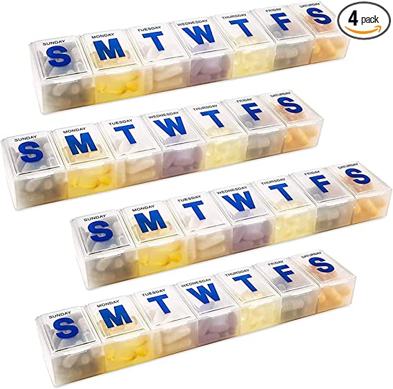 Weekly Pill Organizer - 7-Day Pill Planner Extra Large Pill Planner and Daily Pill Organizer and Medicine Reminder, Monday to Sunday Compartments - BPA Free - Travel Pill Box Case (Pack of 4)