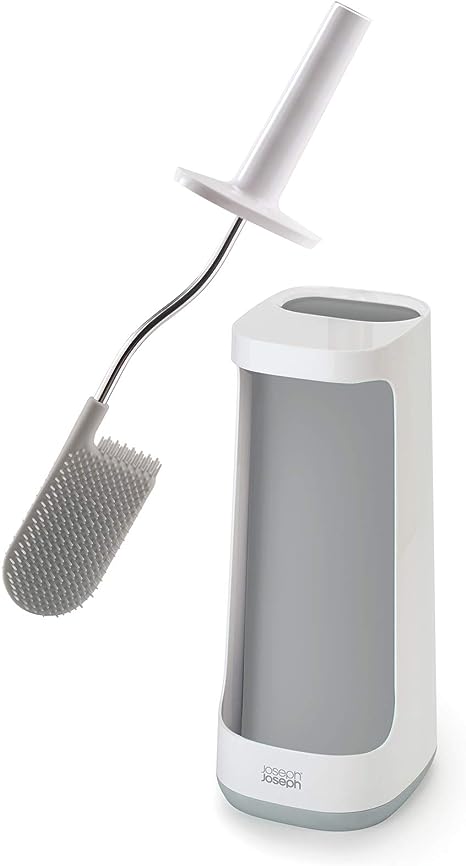 Joseph Joseph Flex Plus - Brosse Toilette WC - Avec panier de rangement, Balayette Toilette Souple et Résistante, tête flexible, anti-goutte, anti-bouchage, nettoyage en profondeur - Blanc/Gris, Grand