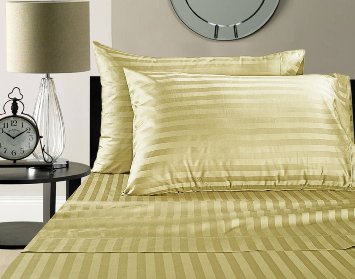 Luxury 100% Egyptian Cotton 500 Thread Count Damask Stripe Sheet Set (Queen, Yellow)