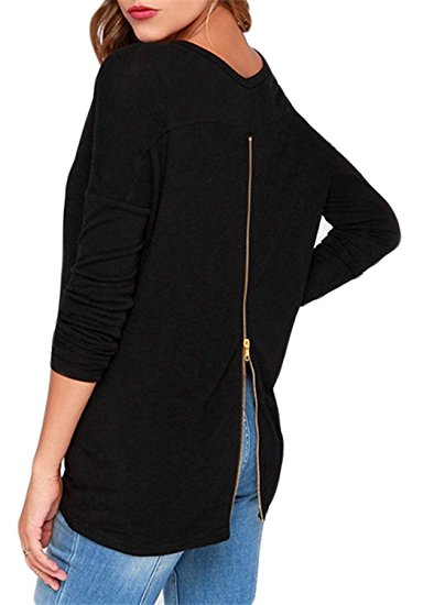 Halife Women's Round Neck Long Sleeve Back Zipper T-shirt Tops