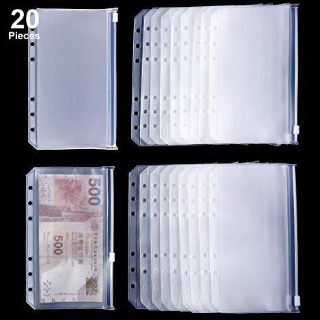 Binder Pocket 6 Holes Loose Leaf Bags A6 Size Binder Zipper Folders Plastic File Document Bags for Home Office School Supplies (20 Pieces, A6 Size)