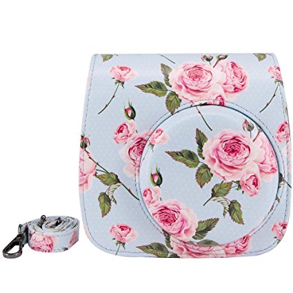 Elvam Blue Pink Dots Floral PU Leather Fujifilm Instax Mini 9 / Mini 8 / Mini 8  Instant Film Camera Case Bag w/ a Removable Bag Strap