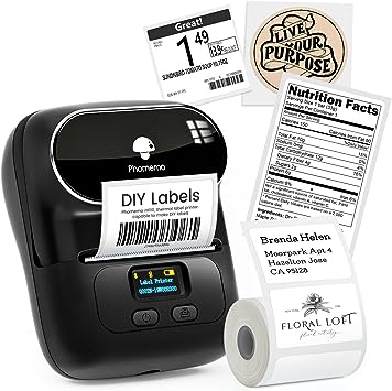 Phomemo M110 Label Printer, Label Maker, Upgraded Bluetooth No Ink Portable Thermal Barcode Printer for Small Business, Address, Office, Home,DIY for Phone; for PC/Mac(USB),with 100 Labels,Ebony Black