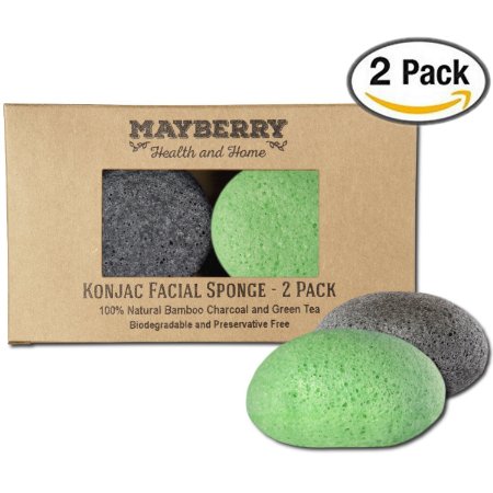Konjac Face Sponge with Bamboo Charcoal and Green Tea - 2 Pack - 100 Natural Konjac Sponge for Improving Skins Look and Feel - Sponges Each Come with an Attached String