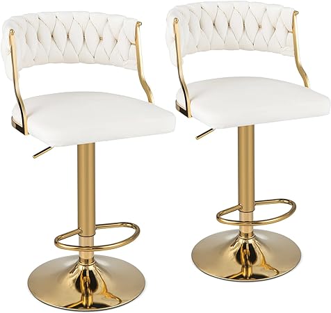 COSTWAY Bar Stools Set of 2, Max Load 400 Lbs, Modern Upholstered Velvet Swivel Barstools with Woven Back, Footrests, Adjustable Height Bar Chairs for Kitchen Island Cafe Pub, White Gold