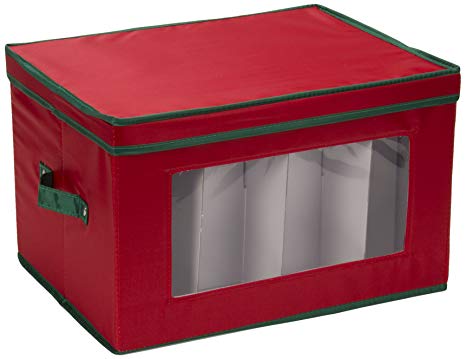 Household Essentials 540RED Holiday China Storage Chest with Lid and Handles, Cocktail Glasses and Red Canvas with Green Trim