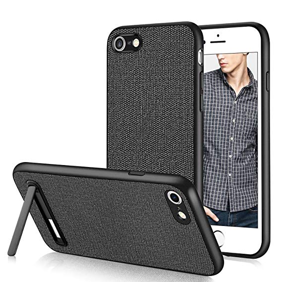 iPhone 6 Case, iPhone 6S Case,DUEDUE Shockproof Slim Hybrid Hard PC Cover Kickstand with Linen Cloth Fabric Design Canvas Leather Protective Case for iPhone 6/iPhone 6S for Men/Boys,Grey/Black