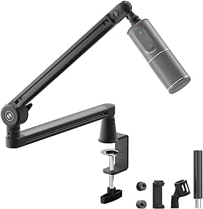 CMTECK Microphone Boom Arm, Extended Riser, Premium Low Profile Microphone with Cable Management, 360° Rotatable Boom Arm, Sturdy Aluminum Mic Desk for Blue Yeti Shure