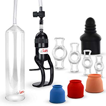 LeLuv Vacuum Penis Pump EasyOp Z-Grip Natural Male Enhancement Bundle with 3 Cylinder Seal Sizes and Septum Sleeves and 4 Constriction Rings