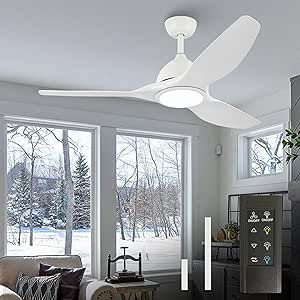 Ceiling Fans with Lights and Remote, 52 Inch Large Airflow Indoor Ceiling Fans with Quiet DC Motor and 3 Color Temperature Noiseless Attractive Design ABS Blades, White