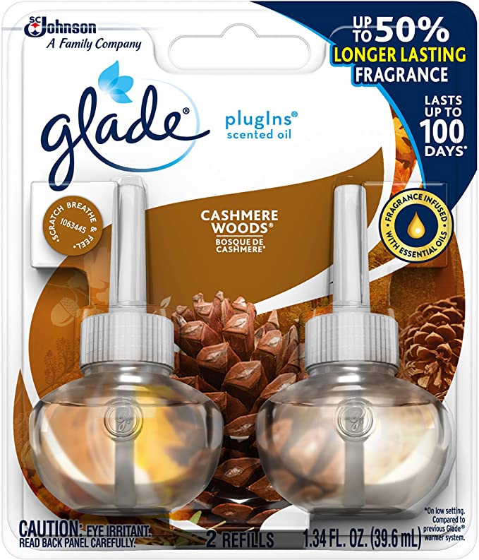 Glade PlugIns Refills Air Freshener, Scented Oil for Home and Bathroom, Cashmere Woods, 1.34 Oz, 2 Count