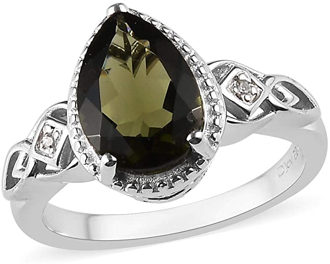 925 Sterling Silver Platinum Plated Pear Moldavite Zircon Ring Anniversary Jewelry Gift for Women Ct 1.5