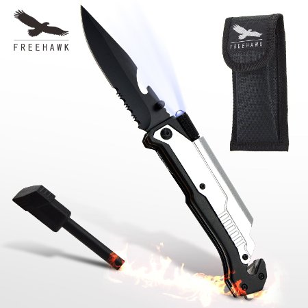 Freehawk Multifunctional High Quality Potable Outdoor Knife Survival Tactical Knife Outdoor Folding Knife with Led Light, Flintstone for Outdoor Adventure, Camping, Household