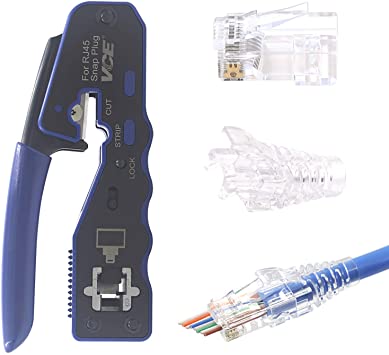 VCE RJ45 Pass-Through Plug Network Crimping Tool Ethernet Crimp Tool with 25 Pcs RJ45 CAT6 End Pass Through Modular Plugs and 25 Pcs Cable Cap Connector Strain Relief Boots