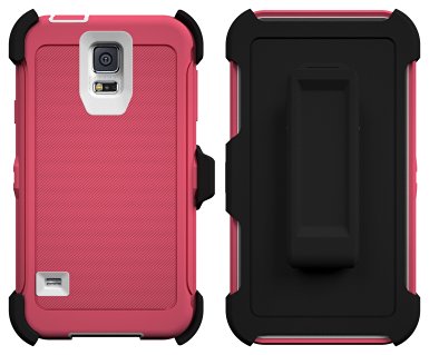 Galaxy S5 Case, ToughBox® [Armor Series] [Shock Proof] [Pink | White] for Samsung Galaxy S5 Case [Built in Screen Protector] [With Holster & Belt Clip] [Fits OtterBox Defender Series Belt Clip]