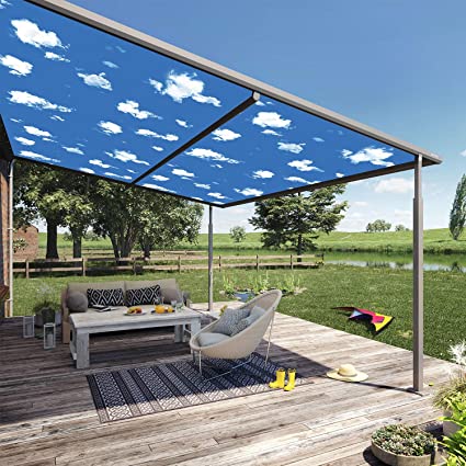 TANG 14'x14' Waterproof Rectangle Sun Shade Sail for Deck Pergola Patio Shade Cover Awning Straight Edge Canopy Printed Pattern with Grommet UV Block Sky Cloud
