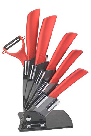 Melange 7-Piece Ceramic Metal Red Handle Black Blade Knife Set with 5-Inch Slicer and Peeler