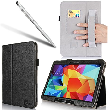 i-BLASON Samsung Galaxy Tab 4 10.1 Case - Leather Book (Elastic Hand Strap, Multi-Angle, Card Holder) With Bonus Stylus 1 Year Warranty (Black)