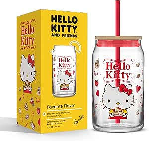 JoyJolt Sanrio Hello Kitty and Friends Favorite Flavor Glass Tumbler with Bamboo Lid and Straw, Leakproof 16oz Clear Soda Can Shaped Cup featuring Hello Kitty, Hello Kitty Merch