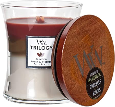 WoodWick Trilogy Forest Retreat - Redwood, Amber & Incense, Palo Santo Scented Hourglass Crackling Wooden Wick Candle in Clear Glass Jar, Medium - 9.7 Oz