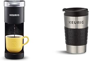 Keurig K-Mini Single Serve Coffee Maker, Black & Travel Mug Fits K-Cup Pod Coffee Maker, 1 Count (Pack of 1), Stainless Steel