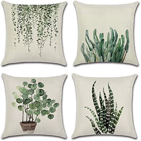JOTOM Set of 4 Throw Pillow Covers Decorative Cotton Linen Outdoor Square Cushion Covers Home Decor for Sofa Car Bed Couch 18x18 Inch (Plants)