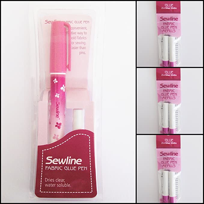 Sewline fabric glue pen PLUS 3 x double refill pack, EPP, no pins, dries clear, sewing & paper piecing