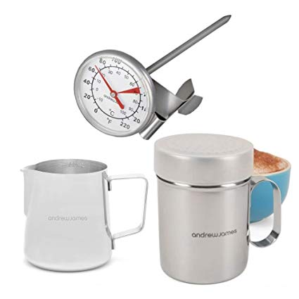 Andrew James Barista Coffee Kit with Milk Frothing Jug Chocolate Shaker & Thermometer | Stainless Steel Tools for Cappuccino Latte Espresso & Other Barista Style Coffees