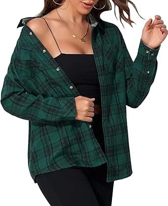 Deer Lady Plaid Flannel Shirts for Women Buffalo Plaid Shirts Oversized Long Sleeve Casual Button Down Blouse Top