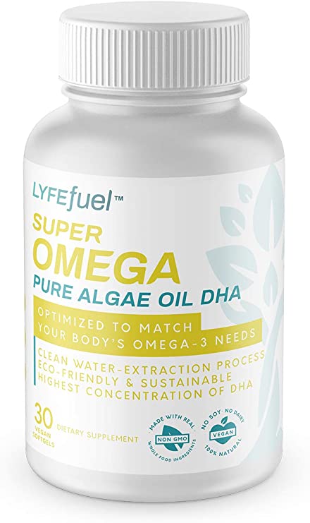 Algae Omega-3 Supplement by LYFE Fuel | Essential Fatty Acids to Boost Brain Health & Cognition | Vegan DHA Alternative to Fish Oil | Chemical-Free Extraction | Plant Based Omegas | 30 Mini Softgels