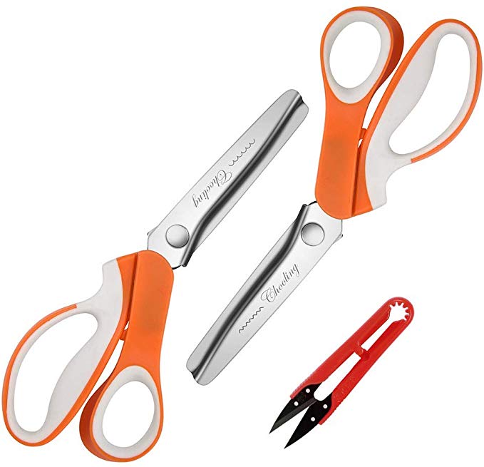 Pinking Shears Set (Pack of 2 PCS, Serrated & Scalloped Edges) by Chooling - Zig Zag Scissor for Fabric Leather - Wave Fabric Scissor - Dressmaking Sewing Dog/Triangle Teeth Tailor Scissors CL-030-J