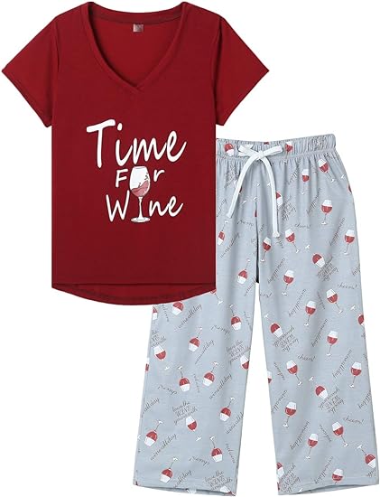 MyFav Women's Sleepwear Soft Red Wine Printed Short Sleeve Pyjama Capri Set