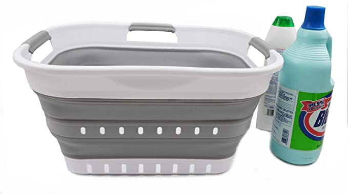 SAMMART 19L Collapsible SMALL 3 Handled Plastic Laundry Basket - Foldable Pop Up Storage Container/Organizer - Space Saving Hamper/Basket (1, White/Grey)