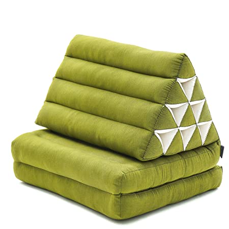 Leewadee Foldout Triangle Thai-Cushion Floor-Seat with Back-Rest TV Pillow Lounge-r Foldable Out-Door Mattress, 45x20x16 inches, Kapok, Green