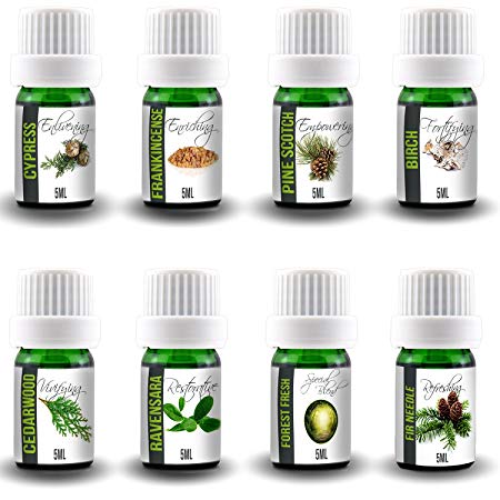 Aroma2Go 100% Pure Plant Based Essential Oil Gift Set of 8 Aromatherapy Bottles we call the Tree Hugger set. Includes 8 x 5mL size aromatherapy oils with No additives or chemicals