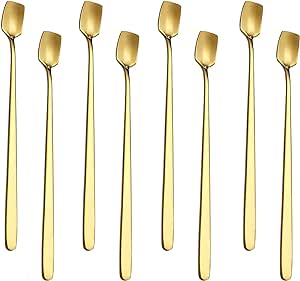 Long Handle Iced Teaspoon 8-Piece, Comicfs 7-Inch Stainless Steel Mixing Stirring Square Spoons for Cocktail Ice Cream Milkshake Cold Drink Ice Coffee (8 Spoons, Gold)