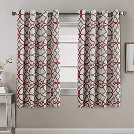 Blackout Curtains for Living Room Thermal Insulated Room Darkening Bedroom Curtains for Kids 63 Length - Geo Pattern Print Grommet Window Treatment Panels Pair (52 by 63 Inch, Taupe & Red)