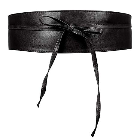 Women Faux Leather Obi Belt, JASGOOD Wide Self Tie Wrap Fashion Belt for Dress