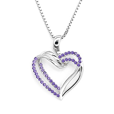 925 Sterling Silver Channel Set Purple CZ Double Heart Pendant Necklace (16 Inches)