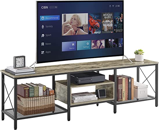 VECELO Industrial TV Stand for 75 Inch Television Cabinet 3-Tier Console with Open Storage Shelves, Entertainment Center Metal Frame for Living Room, Bedroom, 70”L x 15.74”W x 20.47”H, Grey