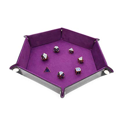 Dice Tray Metal Dice Rolling Tray for RPG, DND and Other Table Games, Holder Storage Box for Dice Set, Double Sided Folding Rectangle PU Leather and Purple Velvet