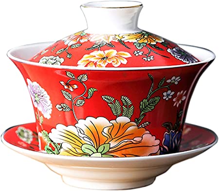 YBK Tech 10oz Large Gaiwan, Porcelain Kung Fu Tea Cup and Saucer with Lid, Chinese Traditional Gaiwan, Sancai Tea Bowl (Red)