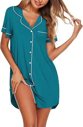 Ekouaer Nightgowns for Women Button Down Sleepshirt Short Sleeve Nightshirt Boyfriend Pajamas V Neck Nightdress S-XXXL