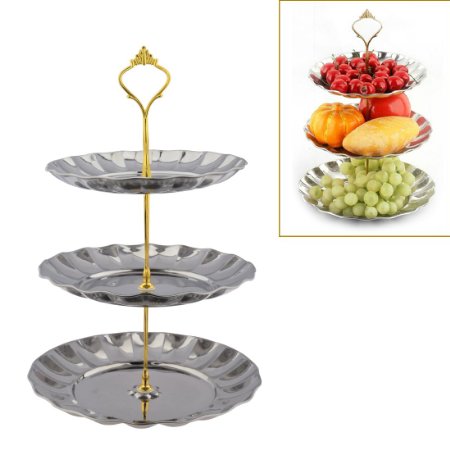 Candy Buffet Stand Petforu 3-tier Fruits Cakes Desserts Sliver Color Stainless Steel Plates stand for Wedding Buffet