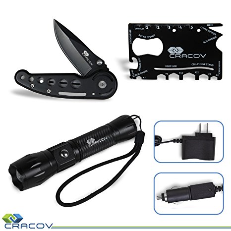 Premium LED Tactical Flashlight Kit With Single Blade Folding Knife, Rechargeable Charger Included, Ultra Bright, Water Resistant Torch, Adjustable Focus, 5 Modes, Credit Card Size Multitool Included!