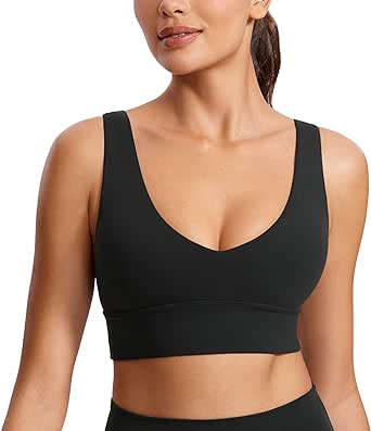 CRZ YOGA Butterluxe Womens V-Neck Longline Sports Bra - U Back Wireless Yoga Bra Low Impact Padded Crop Top