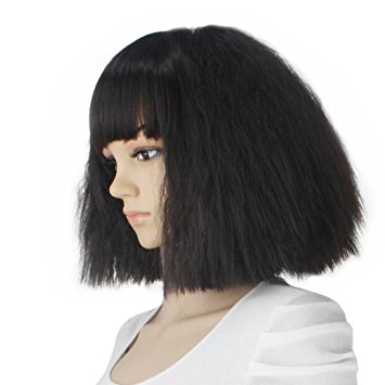 eNilecor Short Fluffy Bob Kinky Straight Hair Wigs with Bangs Synthetic Heat Resistant Women Fashion Hairstyles Custom Cosplay Party Wigs   Wig Cap?Black)