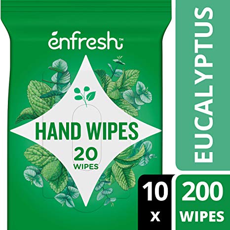 Enfresh Invigorating Eucalyptus Mint Naturally Derived Hand Wipes - Wipes Away 99.9% of Germs - 20 Count (Pack of 10, 200 Wet Wipes), White