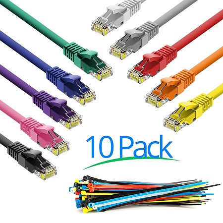 Maximm Cat6 Snagless Ethernet Cable 0.5 feet (6" Inch) - Multi-Color - 10-Pack Internet RJ45 Gigabit Cat6e Lan Cable With Snagless Connectors For Fast Network & Computer Networking   Cable Ties