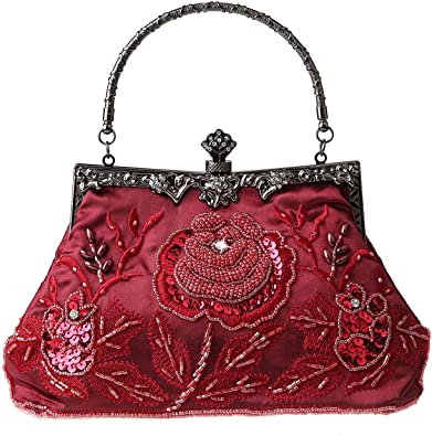MMYOMI Women Vintage Floral Beaded Rhinestone Embroidery Clutch Evening Handbag